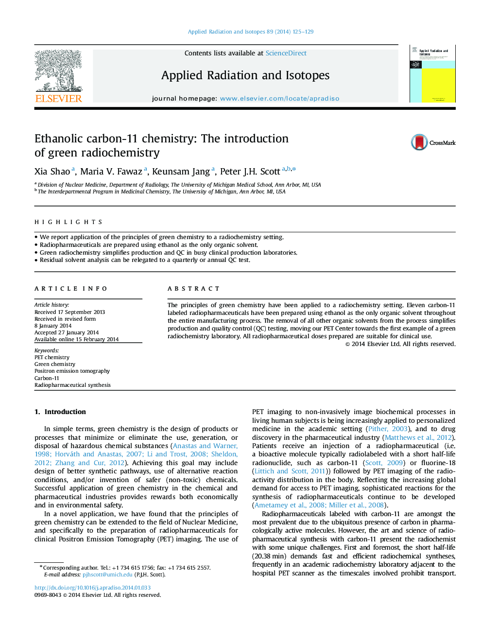 Ethanolic carbon-11 chemistry: The introduction of green radiochemistry