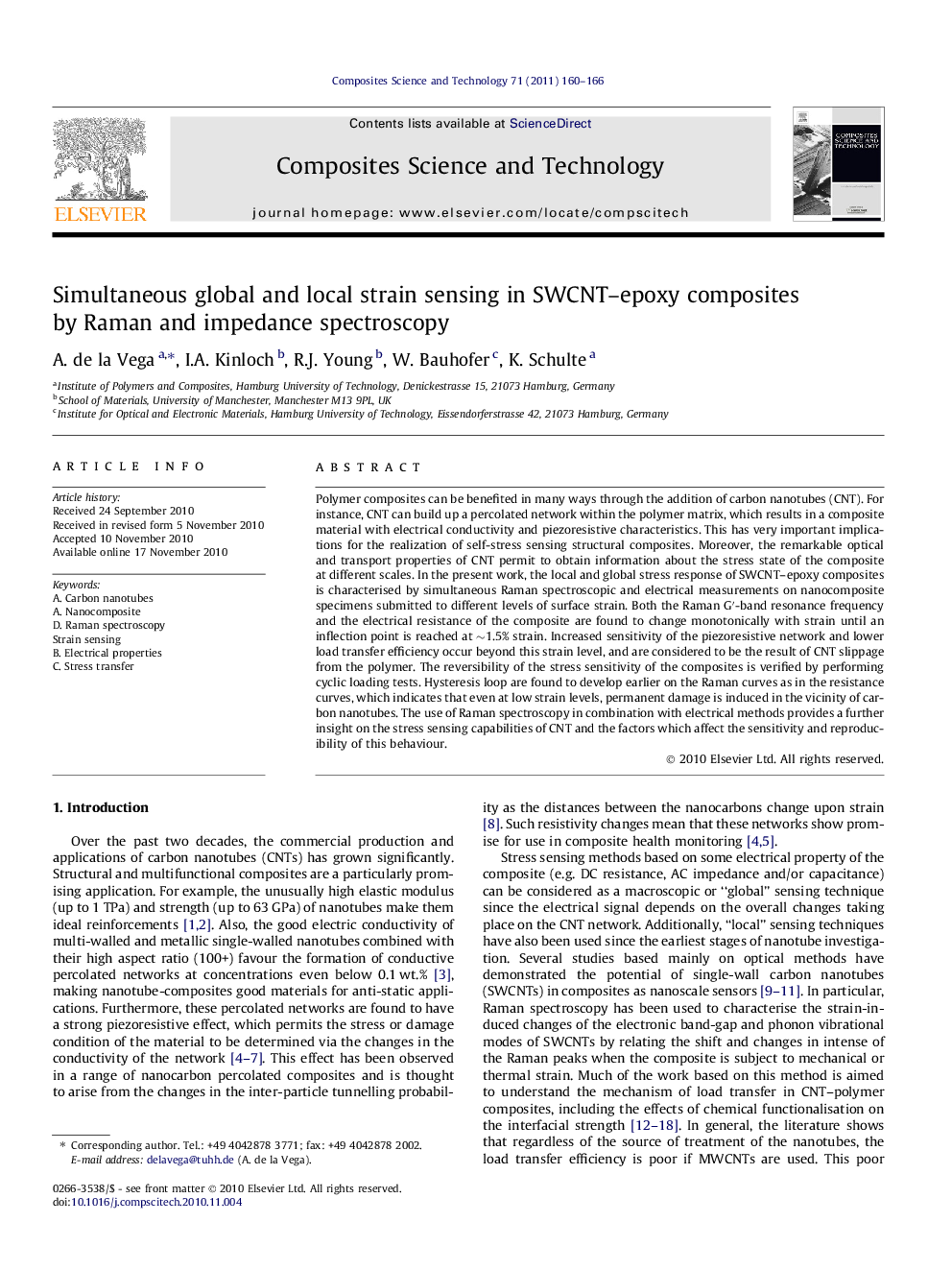 Simultaneous global and local strain sensing in SWCNT-epoxy composites by Raman and impedance spectroscopy