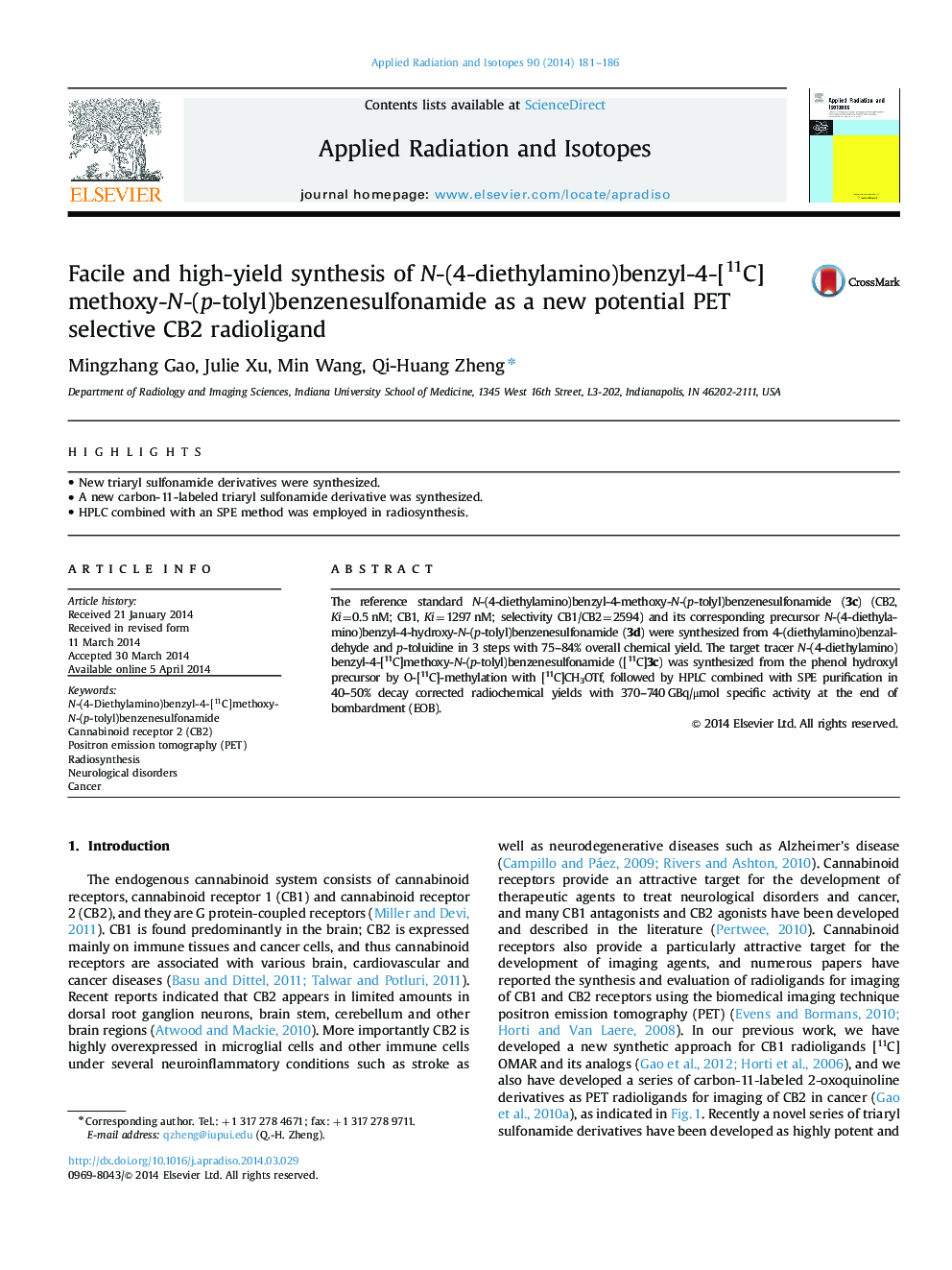 Facile and high-yield synthesis of N-(4-diethylamino)benzyl-4-[11C]methoxy-N-(p-tolyl)benzenesulfonamide as a new potential PET selective CB2 radioligand