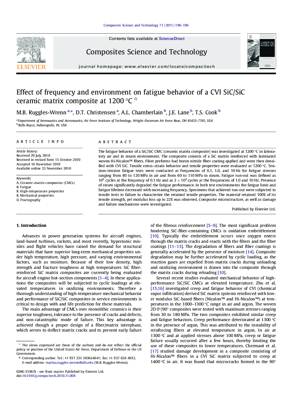 Effect of frequency and environment on fatigue behavior of a CVI SiC/SiC ceramic matrix composite at 1200 °C 