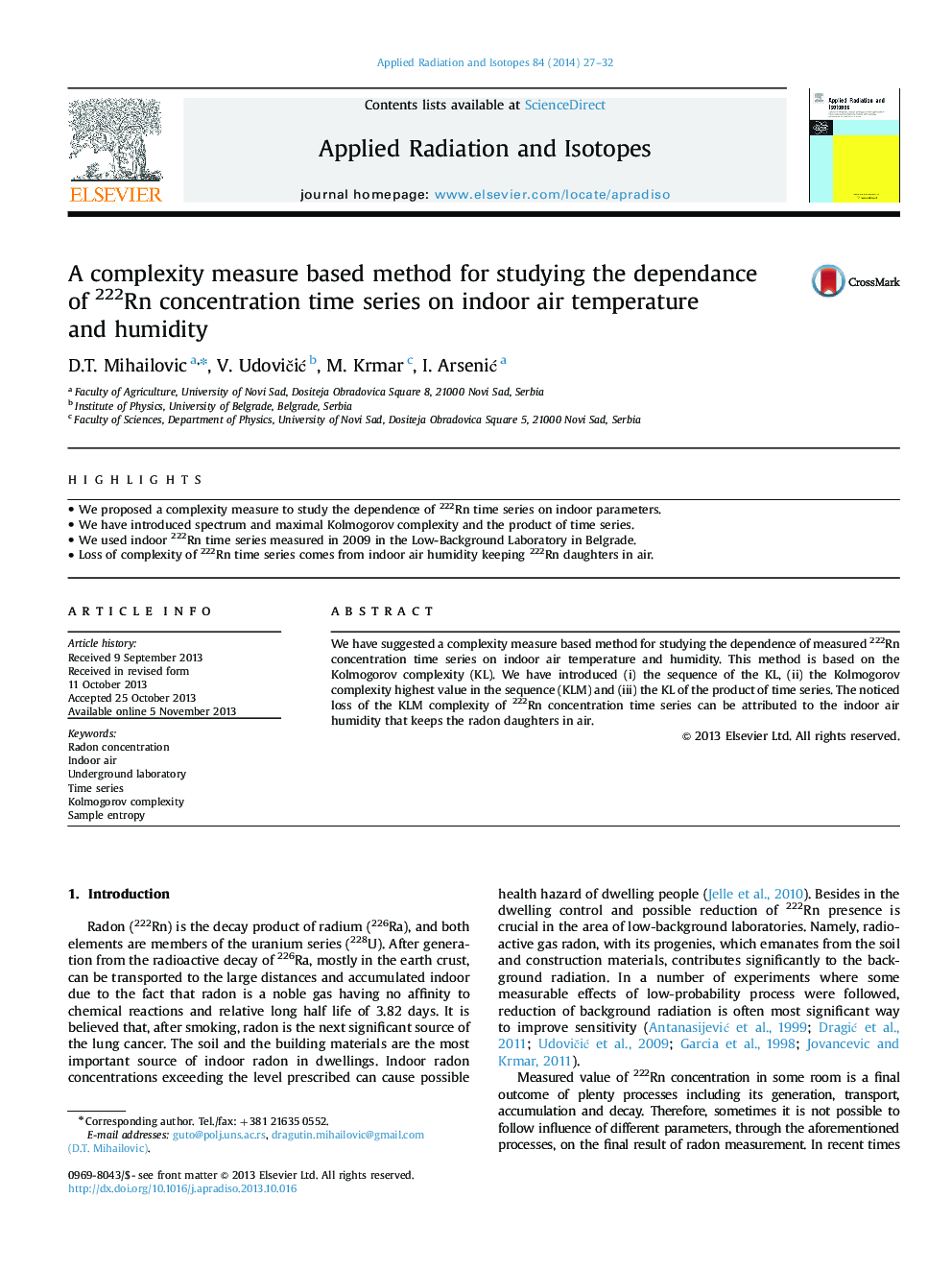 A complexity measure based method for studying the dependance of 222Rn concentration time series on indoor air temperature and humidity