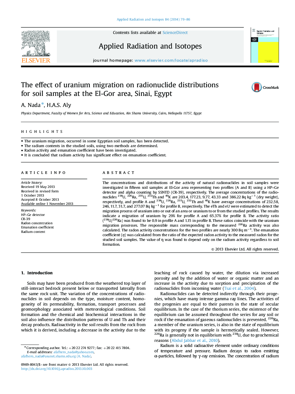 The effect of uranium migration on radionuclide distributions for soil samples at the El-Gor area, Sinai, Egypt