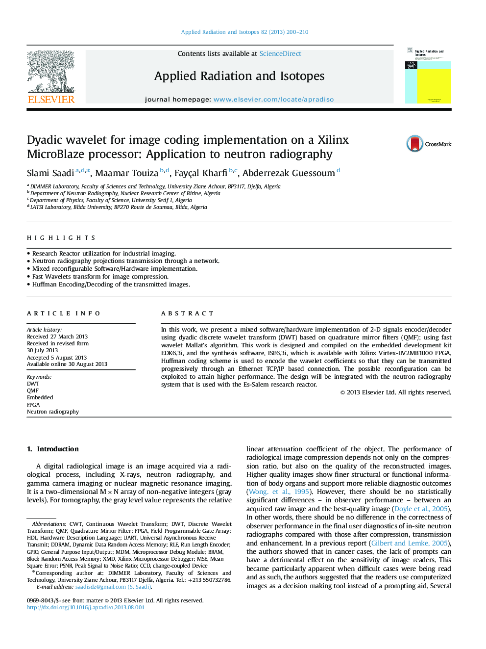 Dyadic wavelet for image coding implementation on a Xilinx MicroBlaze processor: Application to neutron radiography