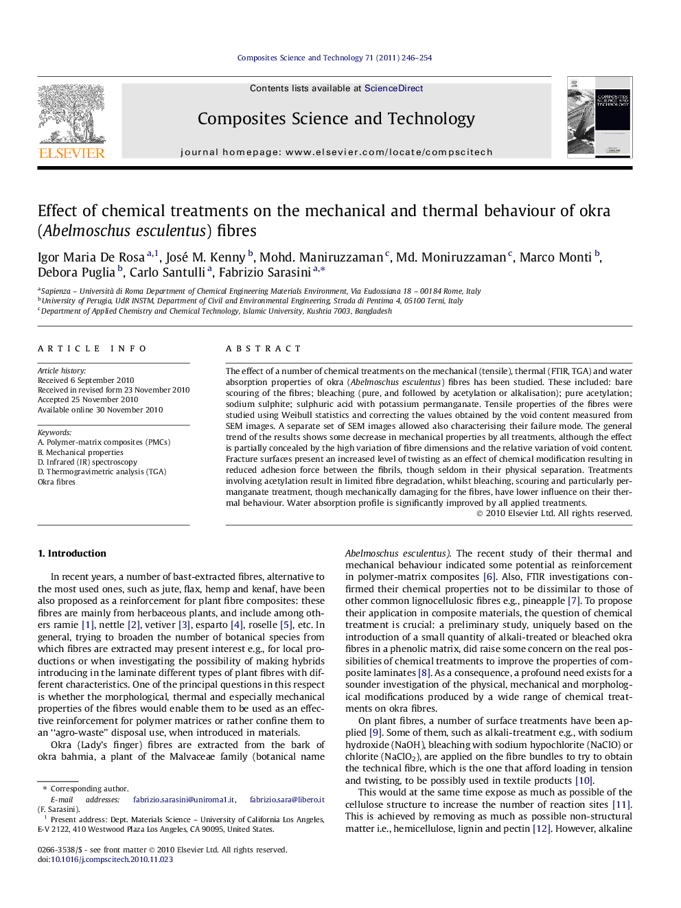 Effect of chemical treatments on the mechanical and thermal behaviour of okra (Abelmoschus esculentus) fibres