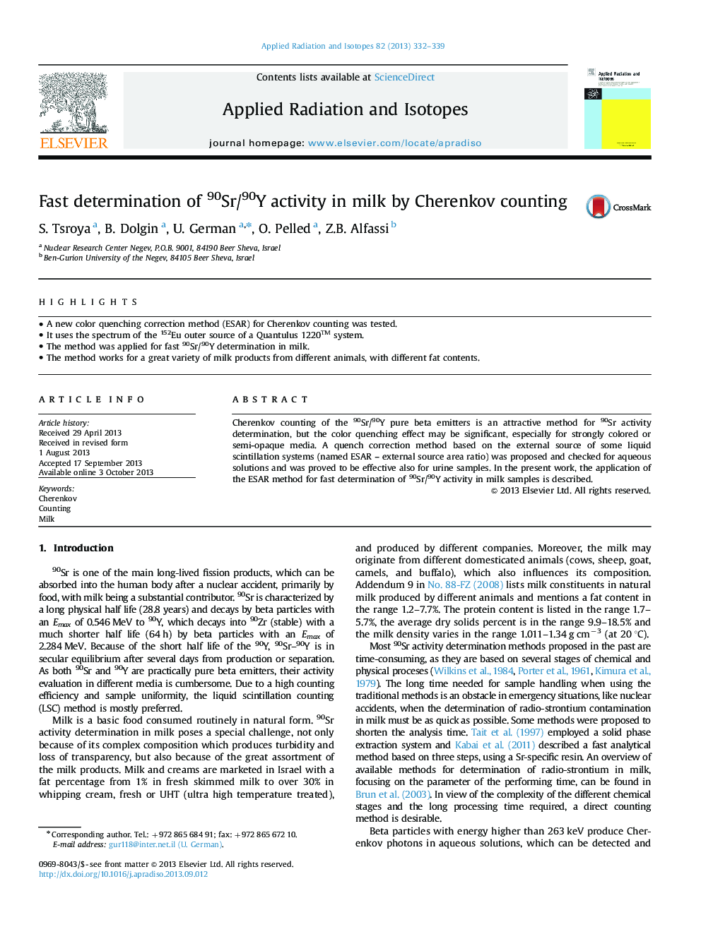 Fast determination of 90Sr/90Y activity in milk by Cherenkov counting