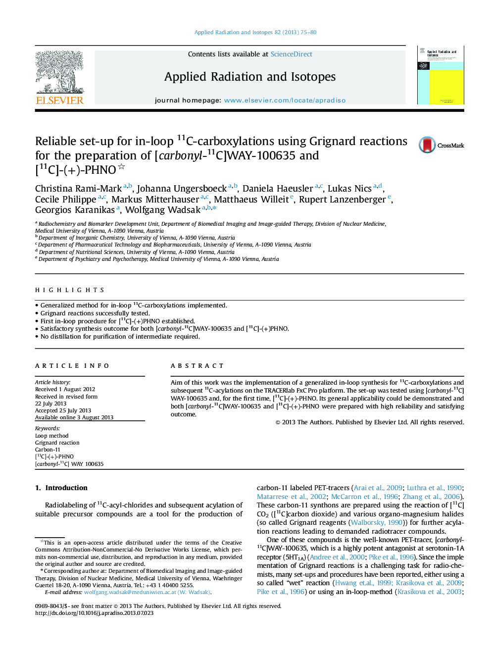 Reliable set-up for in-loop 11C-carboxylations using Grignard reactions for the preparation of [carbonyl-11C]WAY-100635 and [11C]-(+)-PHNO