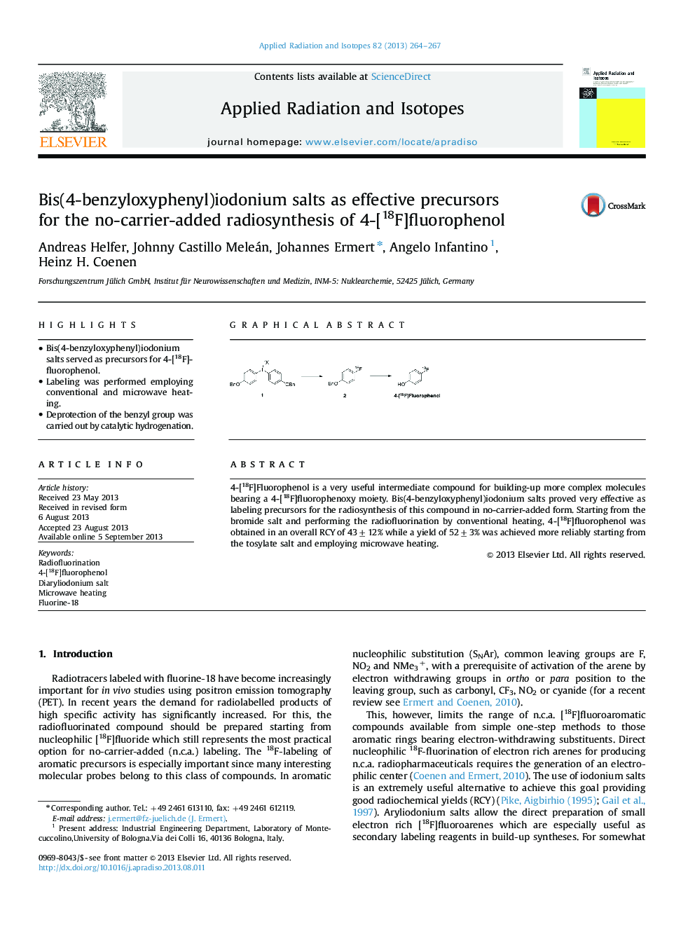 Bis(4-benzyloxyphenyl)iodonium salts as effective precursors for the no-carrier-added radiosynthesis of 4-[18F]fluorophenol