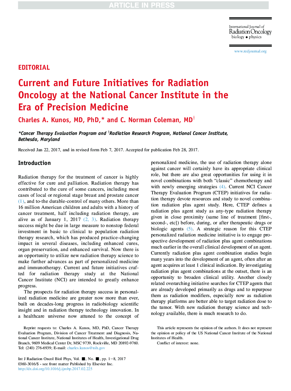 Current and Future Initiatives for Radiation Oncology at the National Cancer Institute in the Era of Precision Medicine