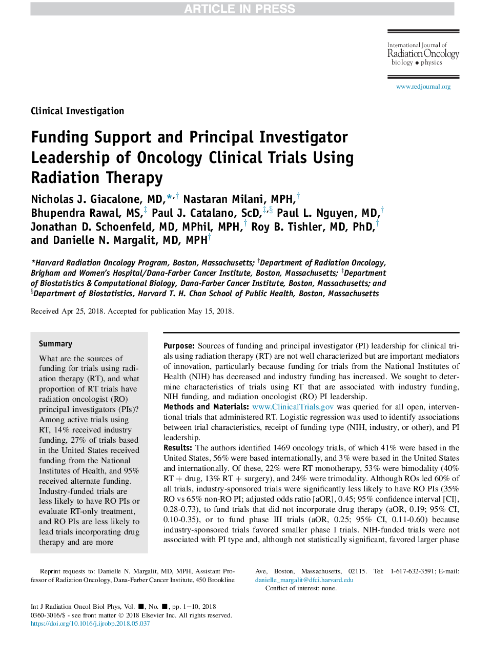 Funding Support and Principal Investigator Leadership of Oncology Clinical Trials Using Radiation Therapy