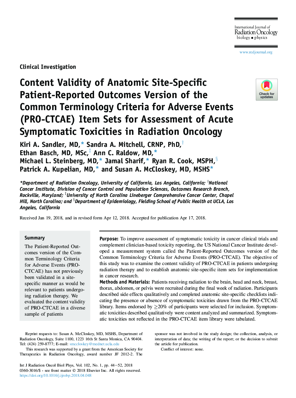 عکس صفحه اول مقاله: Content Validity of Anatomic Site-Specific Patient-Reported Outcomes Version of the Common Terminology Criteria for Adverse Events (PRO-CTCAE) Item Sets for Assessment of Acute Symptomatic Toxicities in Radiation Oncology Content Validity of Anatomic Site-Specific Patient-Reported Outcomes Version of the Common Terminology Criteria for Adverse Events (PRO-CTCAE) Item Sets for Assessment of Acute Symptomatic Toxicities in Radiation Oncology