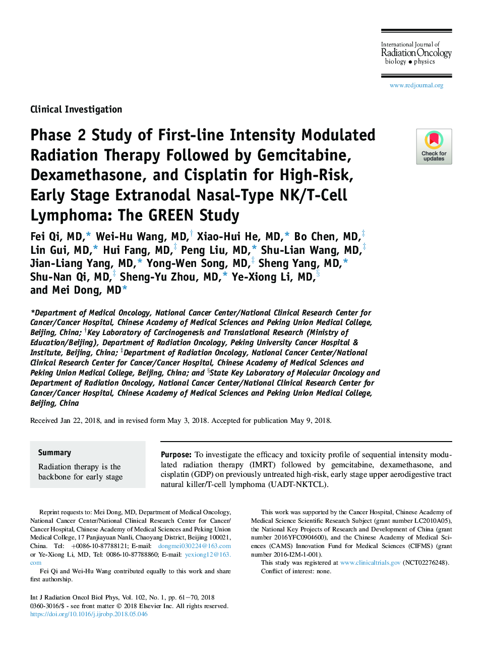Phase 2 Study of First-line Intensity Modulated Radiation Therapy Followed by Gemcitabine, Dexamethasone, and Cisplatin for High-Risk, Early Stage Extranodal Nasal-Type NK/T-Cell Lymphoma: The GREEN Study