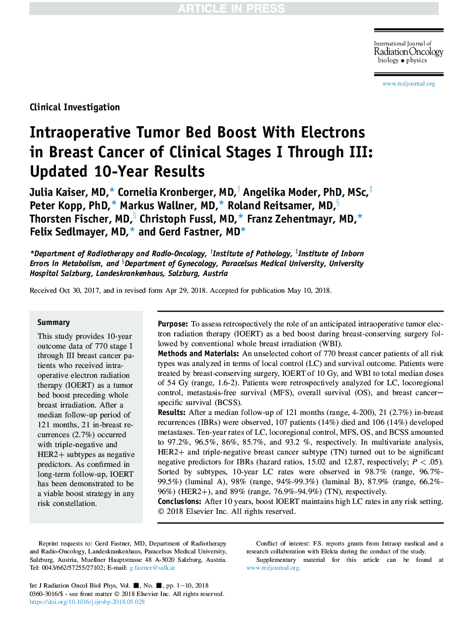 Intraoperative Tumor Bed Boost With Electrons in Breast Cancer of Clinical Stages I Through III: Updated 10-Year Results