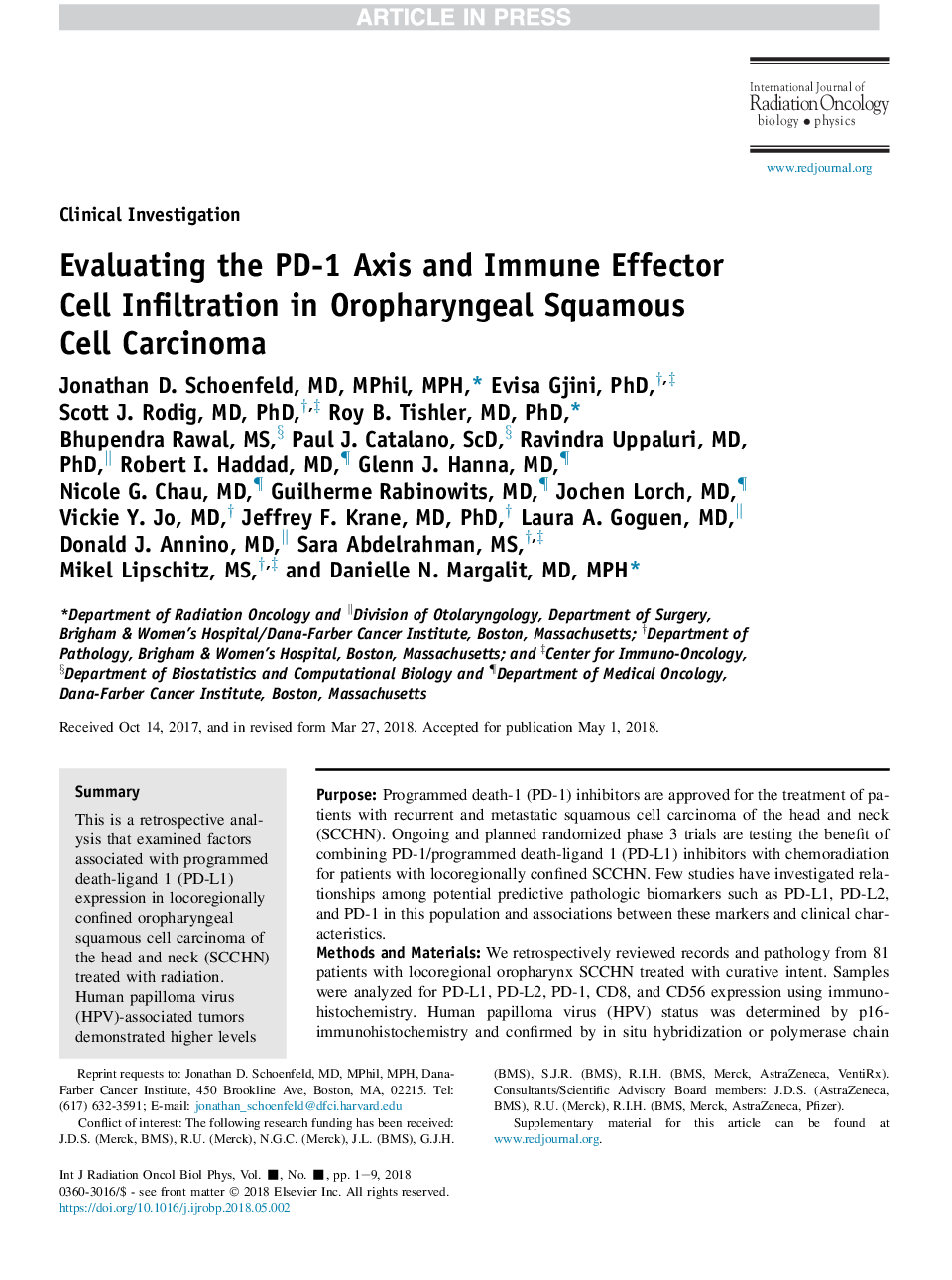 عکس صفحه اول مقاله: Evaluating the PD-1 Axis and Immune Effector Cell Infiltration in Oropharyngeal Squamous Cell Carcinoma Evaluating the PD-1 Axis and Immune Effector Cell Infiltration in Oropharyngeal Squamous Cell Carcinoma