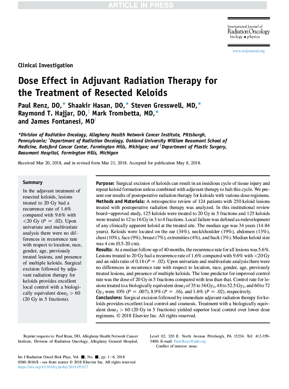 عکس صفحه اول مقاله: Dose Effect in Adjuvant Radiation Therapy for the Treatment of Resected Keloids Dose Effect in Adjuvant Radiation Therapy for the Treatment of Resected Keloids