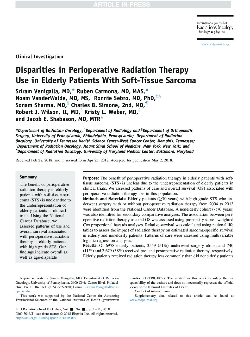 Disparities in Perioperative Radiation Therapy Use in Elderly Patients With Soft-Tissue Sarcoma