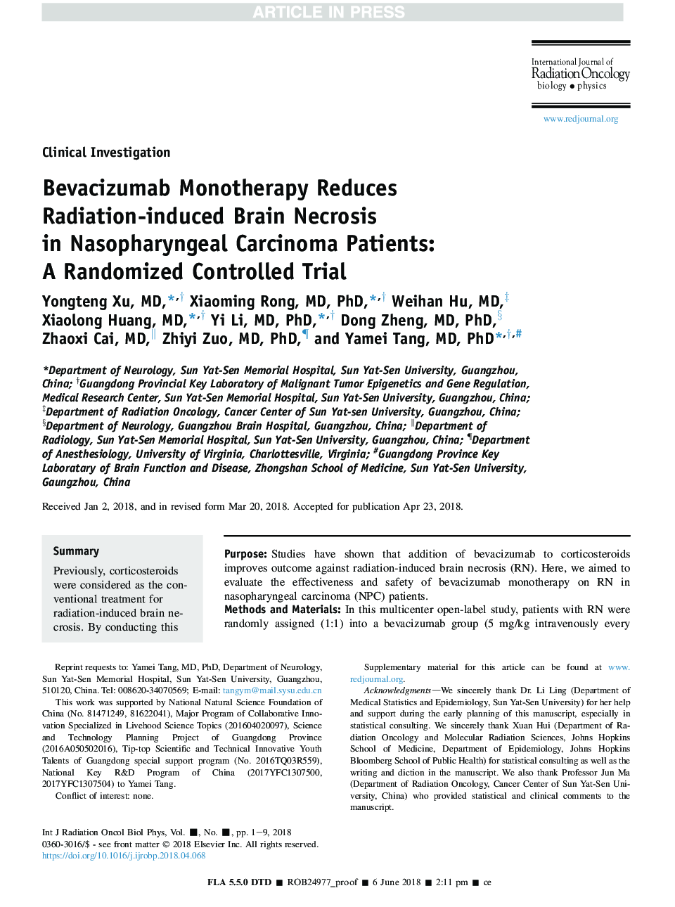 Bevacizumab Monotherapy Reduces Radiation-induced Brain Necrosis in Nasopharyngeal Carcinoma Patients: A Randomized Controlled Trial