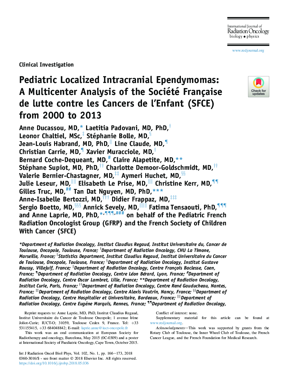 عکس صفحه اول مقاله: Pediatric Localized Intracranial Ependymomas: A Multicenter Analysis of the Société Française de lutte contre les Cancers de l'Enfant (SFCE) from 2000 to 2013 Pediatric Localized Intracranial Ependymomas: A Multicenter Analysis of the Société Française de lutte contre les Cancers de l'Enfant (SFCE) from 2000 to 2013