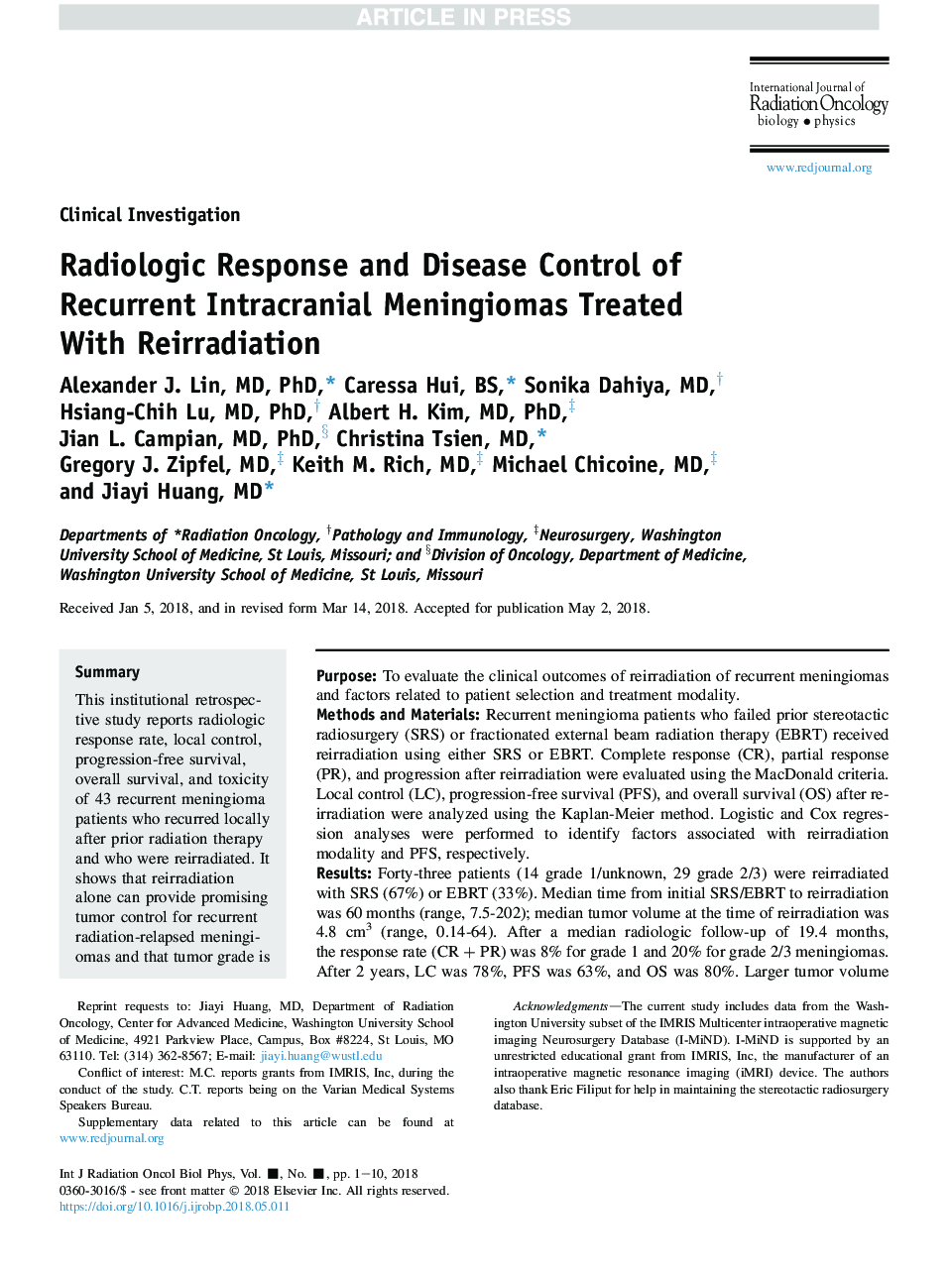 عکس صفحه اول مقاله: Radiologic Response and Disease Control of Recurrent Intracranial Meningiomas Treated With Reirradiation Radiologic Response and Disease Control of Recurrent Intracranial Meningiomas Treated With Reirradiation