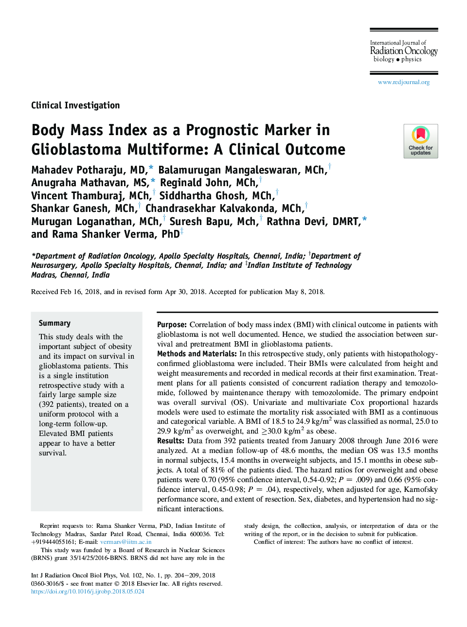 Body Mass Index as a Prognostic Marker in Glioblastoma Multiforme: A Clinical Outcome