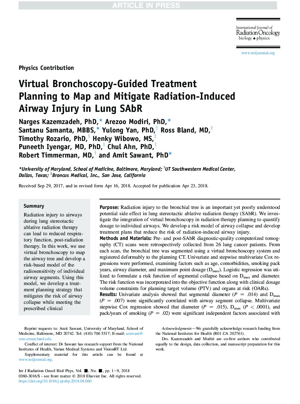 عکس صفحه اول مقاله: Virtual Bronchoscopy-Guided Treatment Planning to Map and Mitigate Radiation-Induced Airway Injury in Lung SAbR Virtual Bronchoscopy-Guided Treatment Planning to Map and Mitigate Radiation-Induced Airway Injury in Lung SAbR