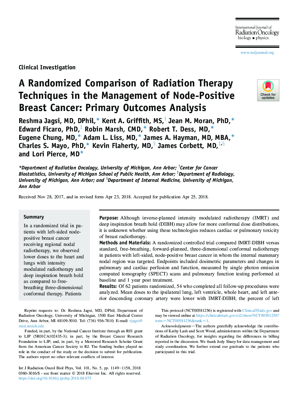 A Randomized Comparison of Radiation Therapy Techniques in the Management of Node-Positive Breast Cancer: Primary Outcomes Analysis