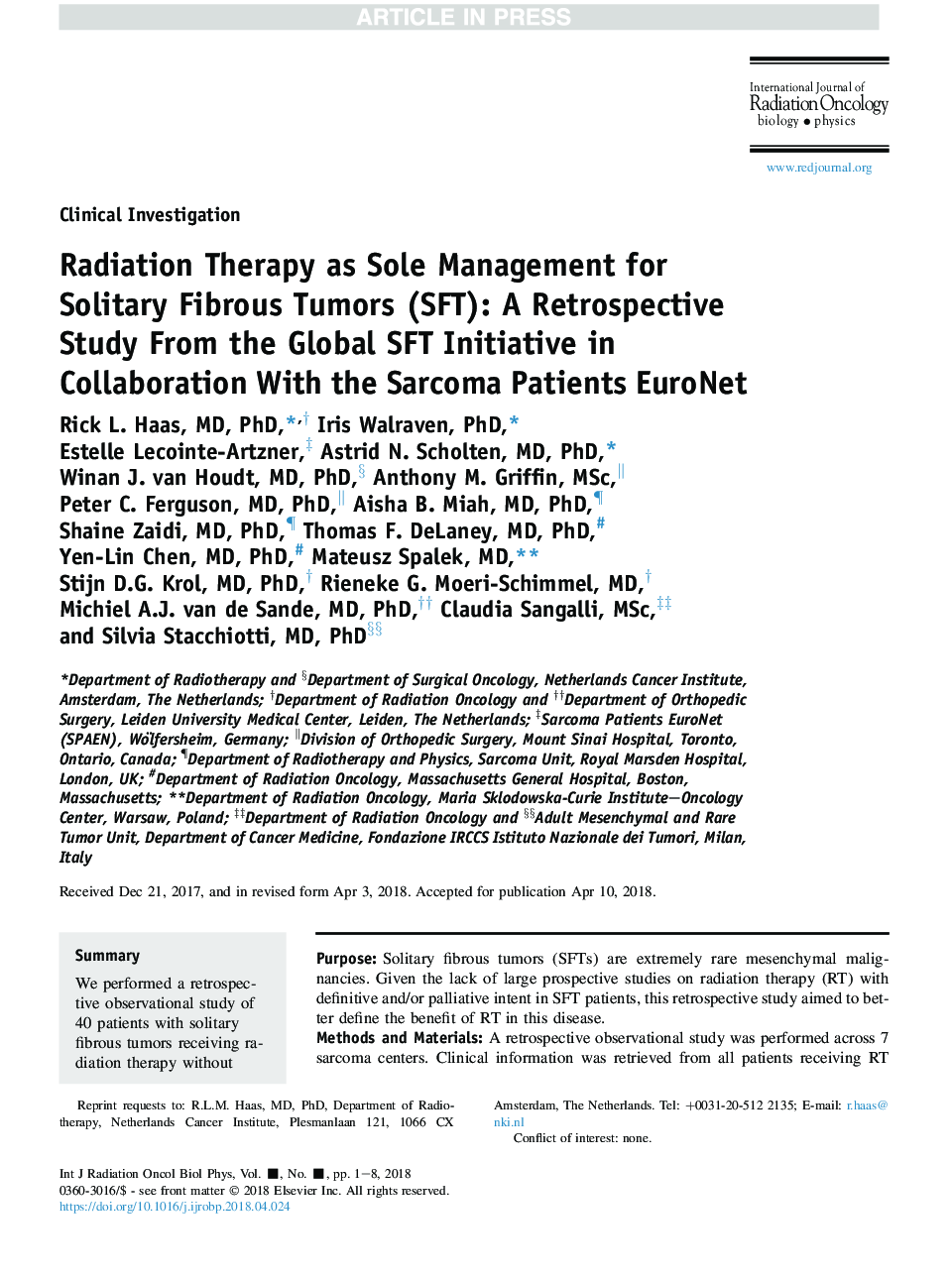 Radiation Therapy as Sole Management for Solitary Fibrous Tumors (SFT): A Retrospective Study From the Global SFT Initiative in Collaboration With the Sarcoma Patients EuroNet