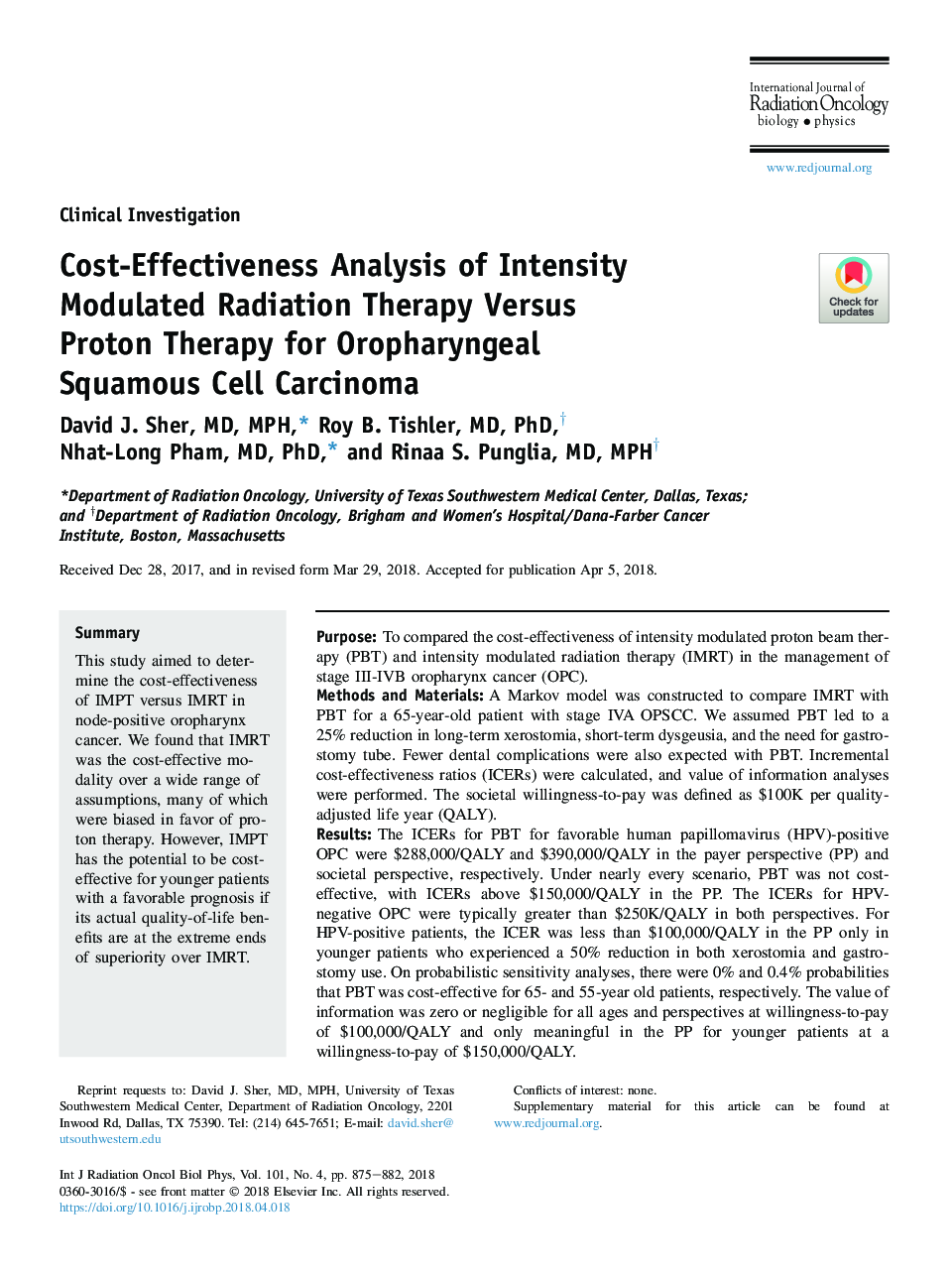 Cost-Effectiveness Analysis of Intensity Modulated Radiation Therapy Versus Proton Therapy for Oropharyngeal Squamous Cell Carcinoma