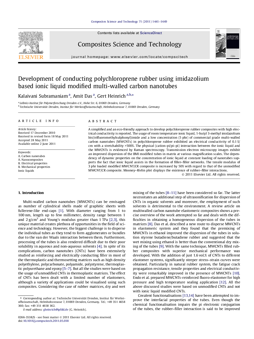 Development of conducting polychloroprene rubber using imidazolium based ionic liquid modified multi-walled carbon nanotubes