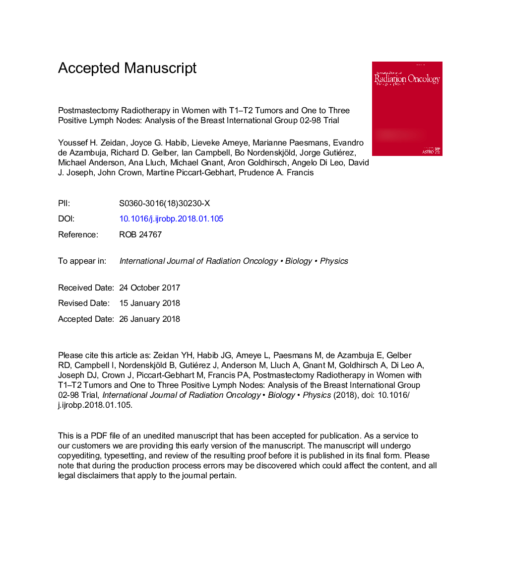 عکس صفحه اول مقاله: Postmastectomy Radiation Therapy in Women with T1-T2 Tumors and 1 to 3 Positive Lymph Nodes: Analysis of the Breast International Group 02-98 Trial Postmastectomy Radiation Therapy in Women with T1-T2 Tumors and 1 to 3 Positive Lymph Nodes: Analysis of the Breast International Group 02-98 Trial