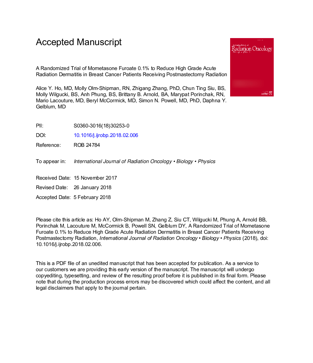 عکس صفحه اول مقاله: A Randomized Trial of Mometasone Furoate 0.1% to Reduce High-Grade Acute Radiation Dermatitis in Breast Cancer Patients Receiving Postmastectomy Radiation A Randomized Trial of Mometasone Furoate 0.1% to Reduce High-Grade Acute Radiation Dermatitis in Breast Cancer Patients Receiving Postmastectomy Radiation