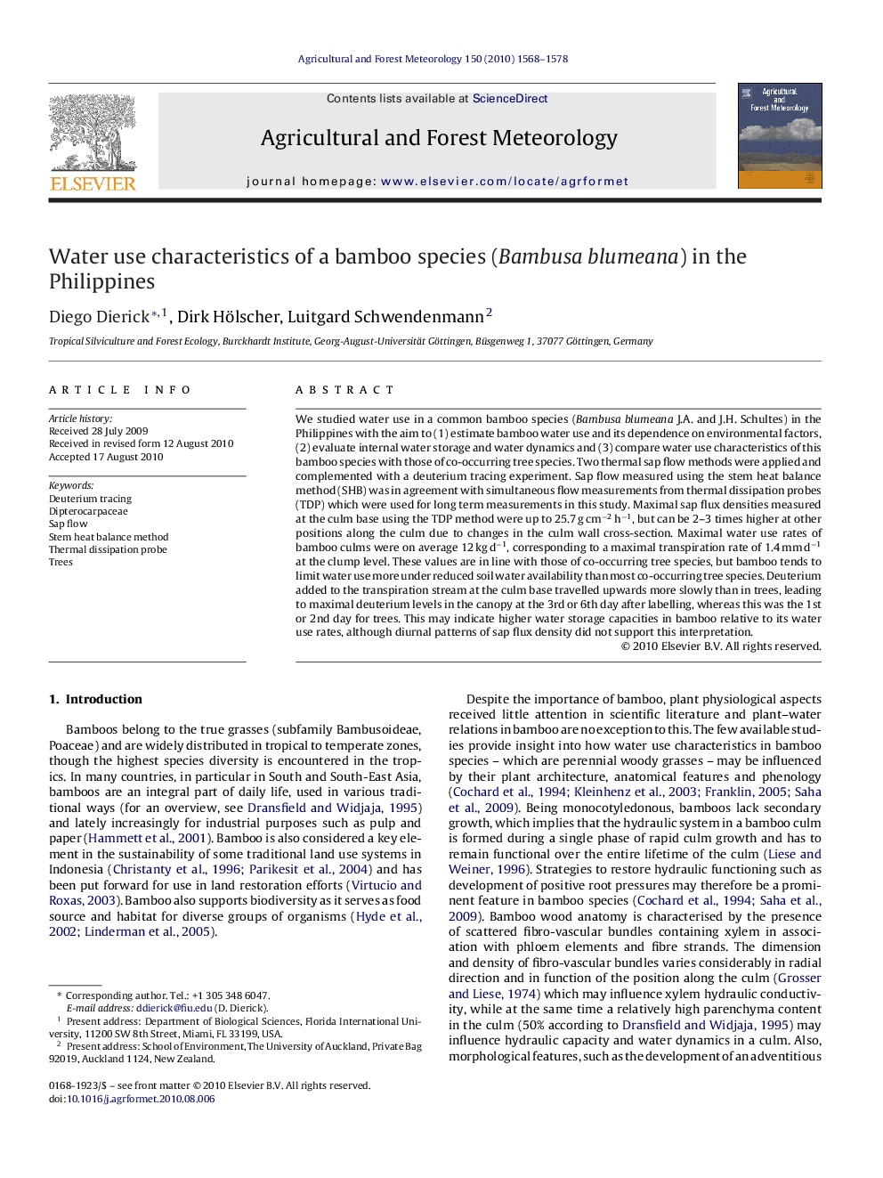 Water use characteristics of a bamboo species (Bambusa blumeana) in the Philippines