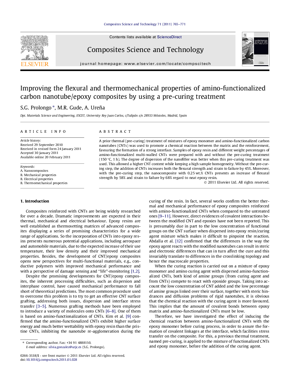 Improving the flexural and thermomechanical properties of amino-functionalized carbon nanotube/epoxy composites by using a pre-curing treatment
