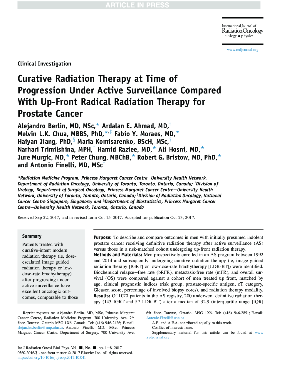 Curative Radiation Therapy at Time of Progression Under Active Surveillance Compared With Up-front Radical Radiation Therapy for Prostate Cancer