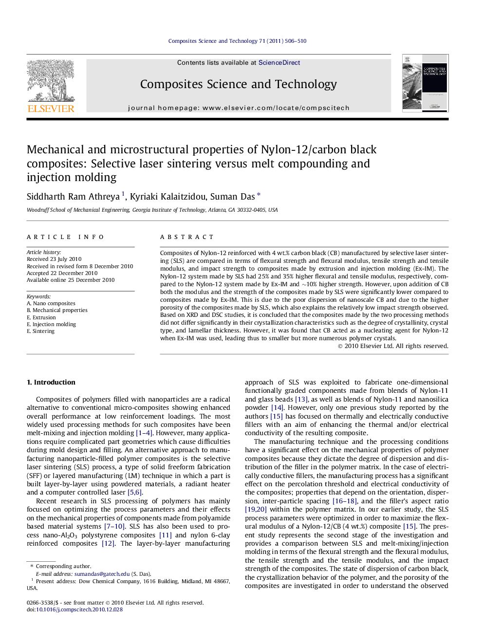 Mechanical and microstructural properties of Nylon-12/carbon black composites: Selective laser sintering versus melt compounding and injection molding