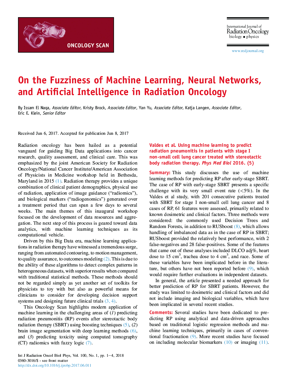 بر روی فاز بودن یادگیری ماشین، شبکه های عصبی و هوش مصنوعی در انکولوژی تابش 
