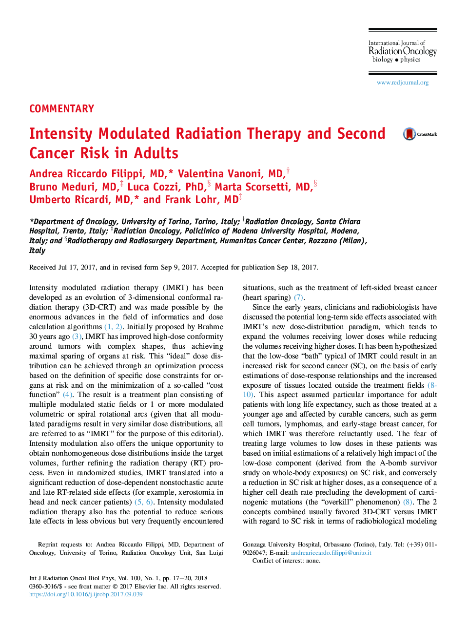 Intensity Modulated Radiation Therapy and Second Cancer Risk in Adults