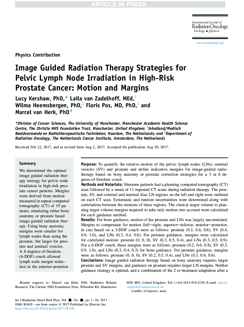 استراتژی درمان پرتو درمانی تصویر برای تابش گره لنفاوی لگن در سرطان پروستات با خطر بالا: حرکت و حاشیه 