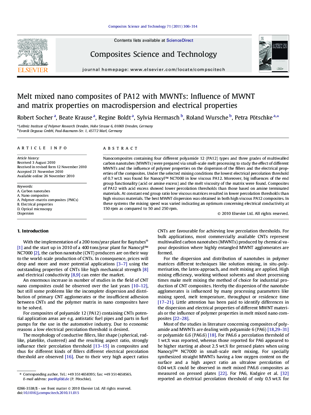 Melt mixed nano composites of PA12 with MWNTs: Influence of MWNT and matrix properties on macrodispersion and electrical properties