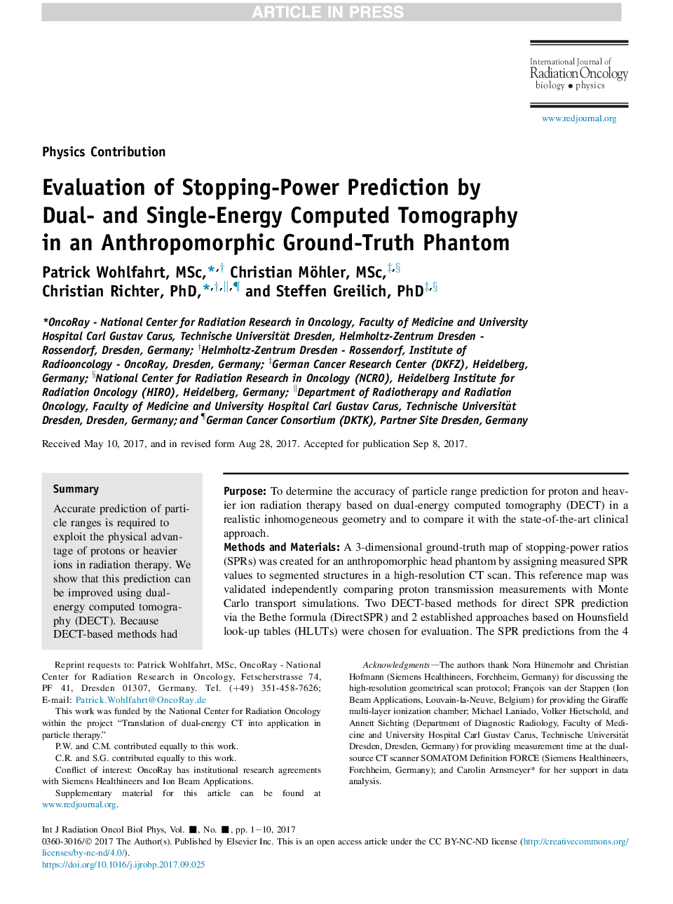 Evaluation of Stopping-Power Prediction by Dual- and Single-Energy Computed Tomography in an Anthropomorphic Ground-Truth Phantom