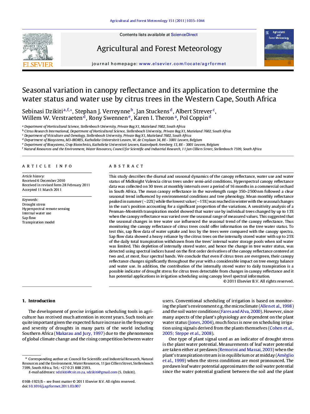 Seasonal variation in canopy reflectance and its application to determine the water status and water use by citrus trees in the Western Cape, South Africa