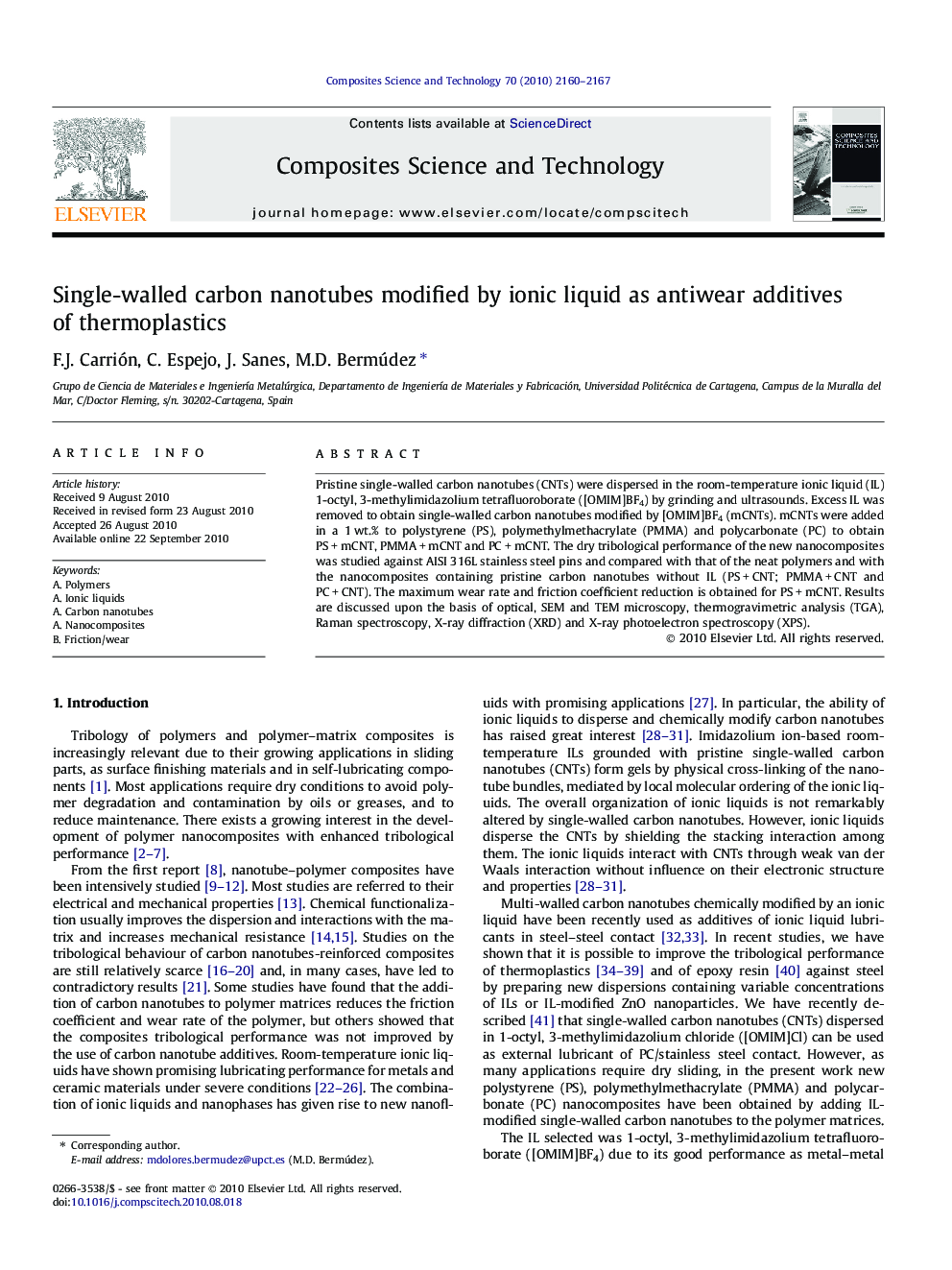 Single-walled carbon nanotubes modified by ionic liquid as antiwear additives of thermoplastics