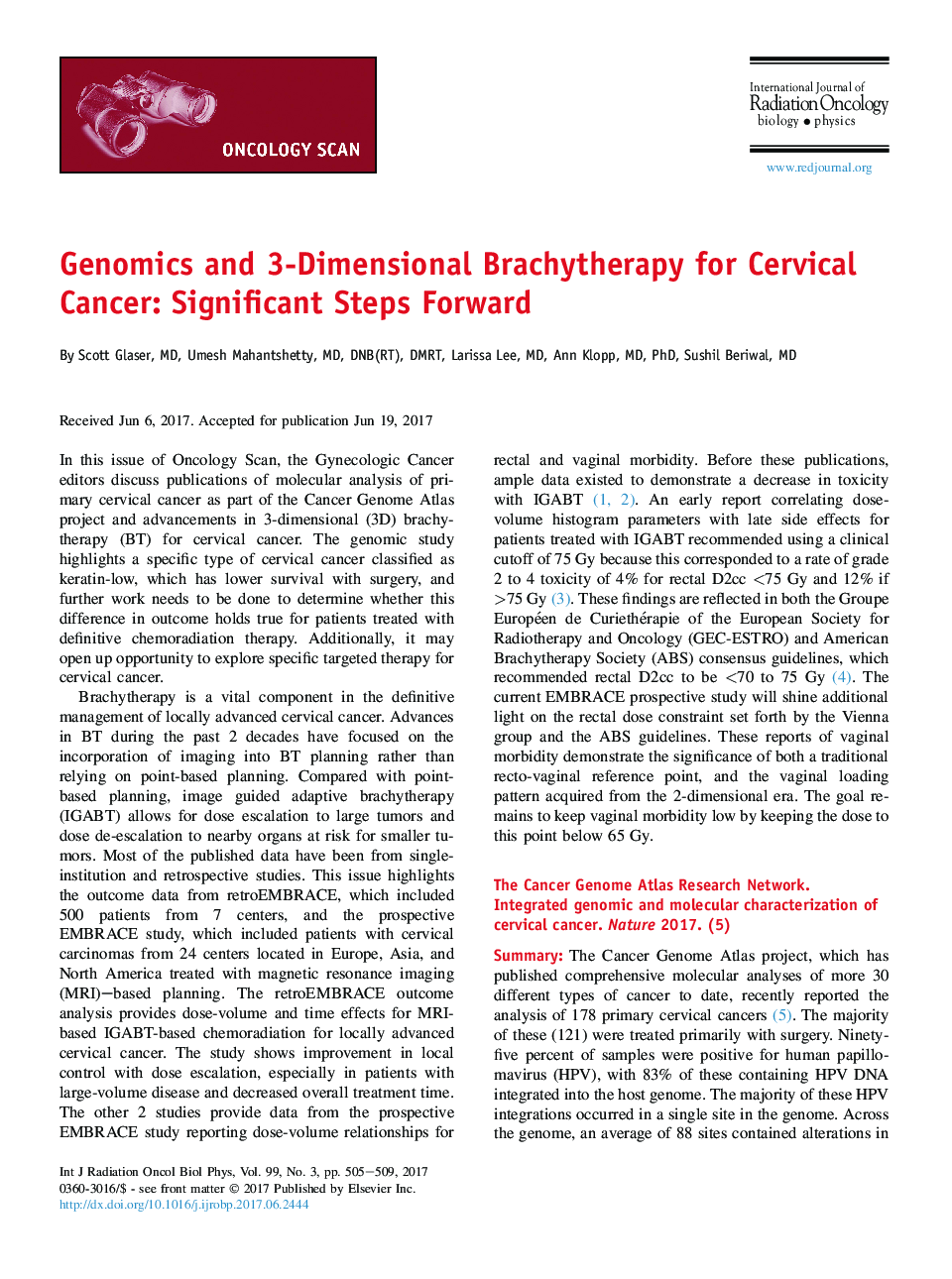 Genomics and 3-Dimensional Brachytherapy for Cervical Cancer: Significant Steps Forward