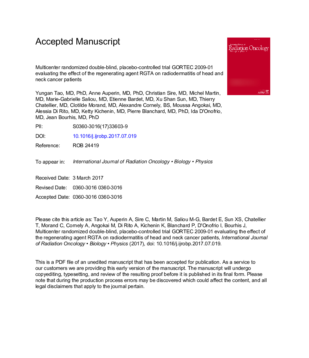 Multicenter Randomized Double-Blind, Placebo-Controlled Trial GORTEC (Groupe Oncologie Radiotherapie Tete et Cou) 2009-01 Evaluating the Effect of the Regenerating Agent on Radiodermatitis of Head and Neck Cancer Patients