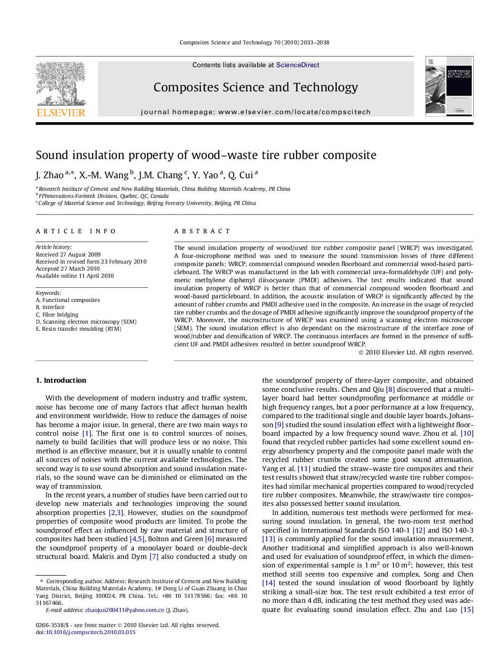 Sound insulation property of wood–waste tire rubber composite