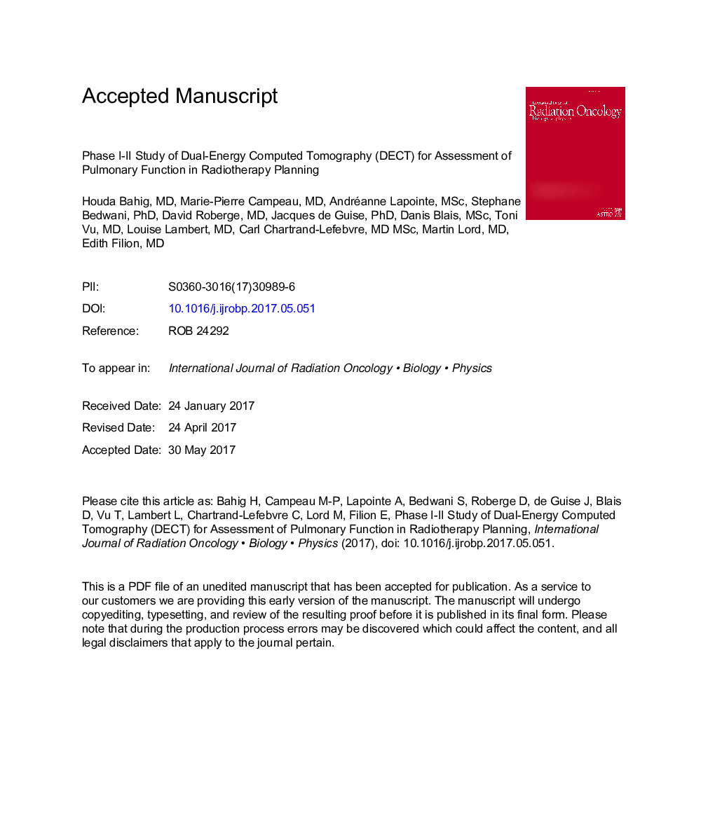 عکس صفحه اول مقاله: Phase 1-2 Study of Dual-Energy Computed Tomography for Assessment of Pulmonary Function in Radiation Therapy Planning Phase 1-2 Study of Dual-Energy Computed Tomography for Assessment of Pulmonary Function in Radiation Therapy Planning