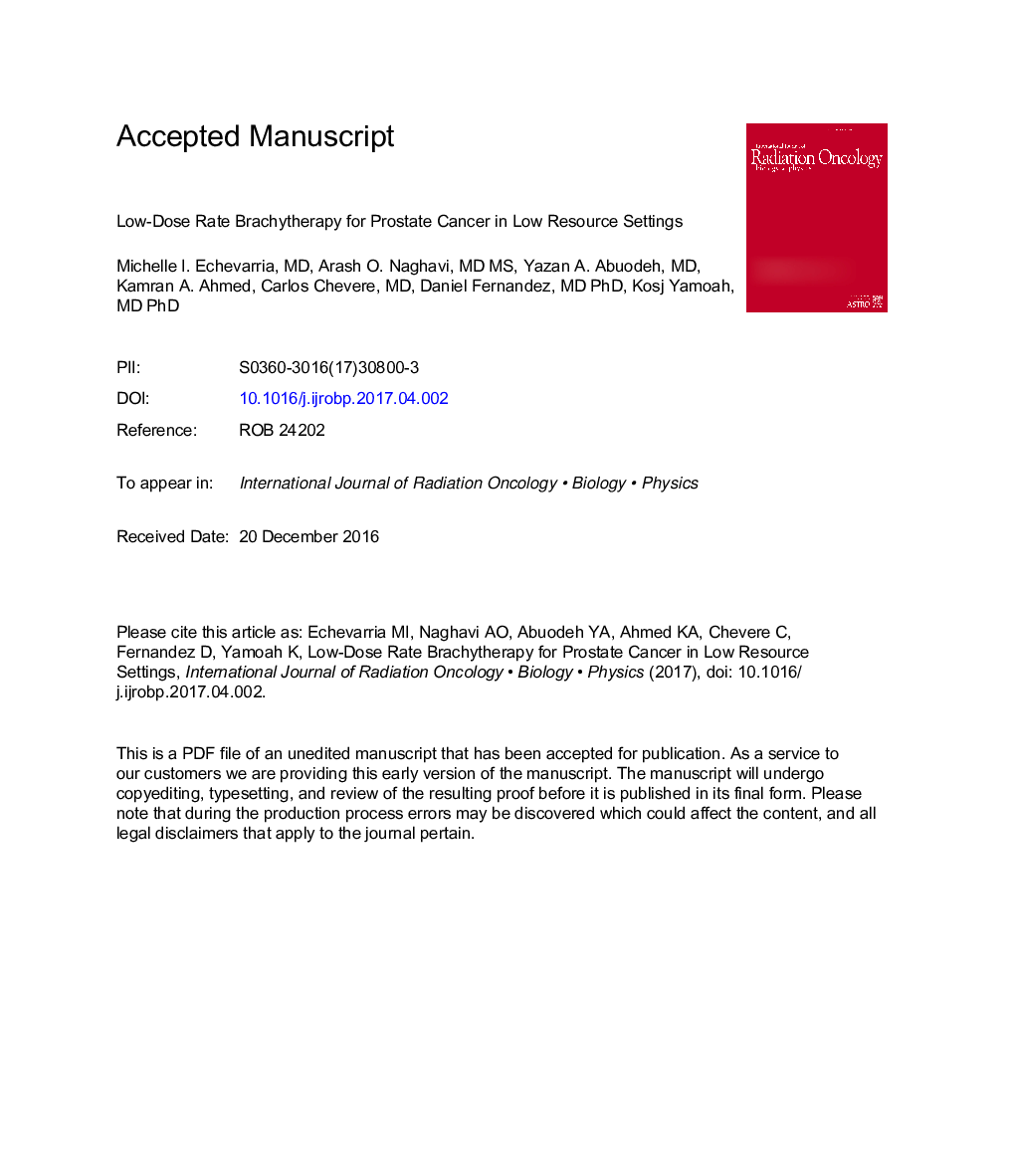 عکس صفحه اول مقاله: Low-dose-rate Brachytherapy for Prostate Cancer in Low-resource Settings Low-dose-rate Brachytherapy for Prostate Cancer in Low-resource Settings