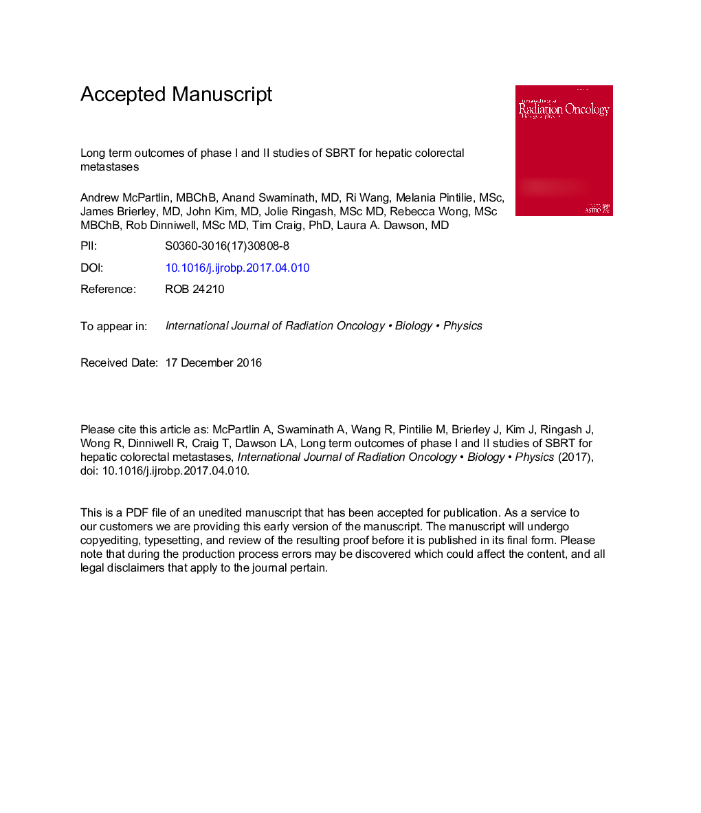 Long-Term Outcomes of Phase 1 and 2 Studies of SBRT for Hepatic Colorectal Metastases