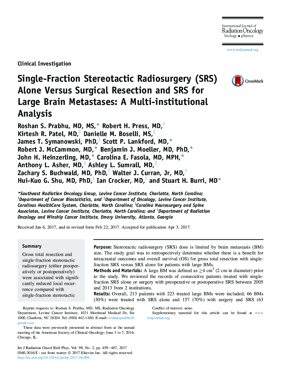 Single-Fraction Stereotactic Radiosurgery (SRS) Alone Versus Surgical Resection and SRS for Large Brain Metastases: A Multi-institutional Analysis