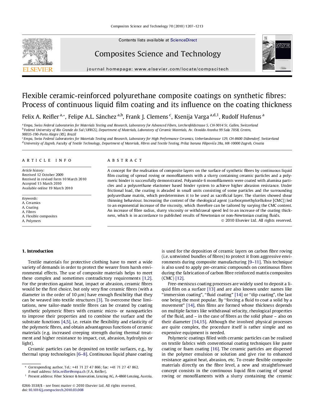 Flexible ceramic-reinforced polyurethane composite coatings on synthetic fibres: Process of continuous liquid film coating and its influence on the coating thickness