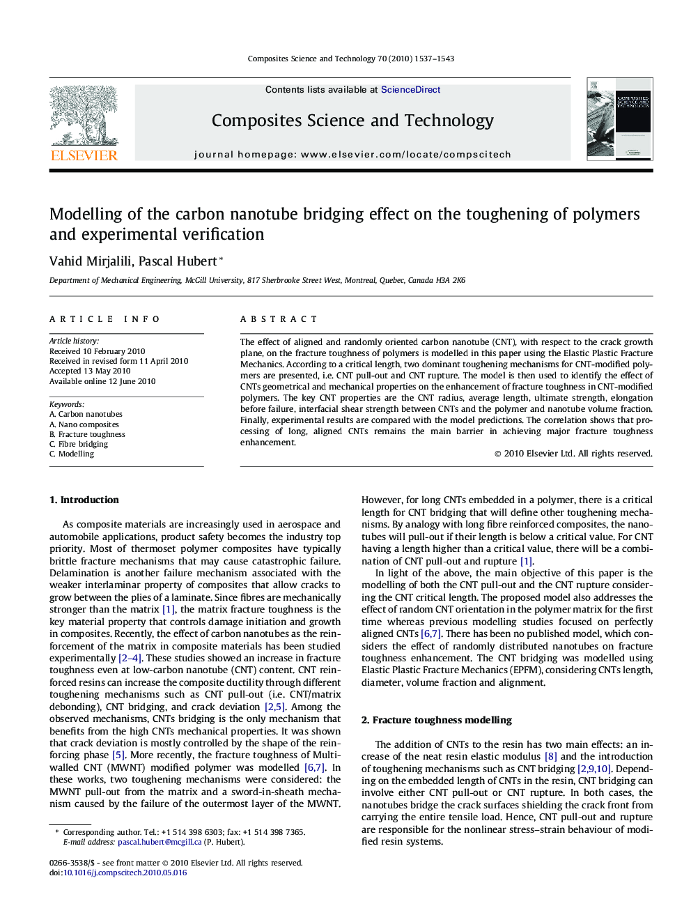 Modelling of the carbon nanotube bridging effect on the toughening of polymers and experimental verification